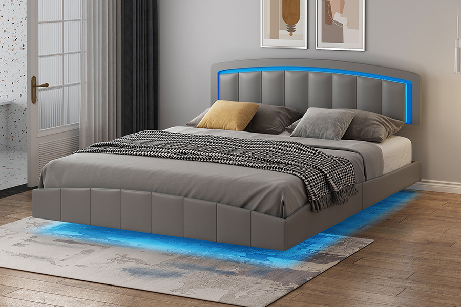 4468-1 LED Upholstered Floating Bed Frame