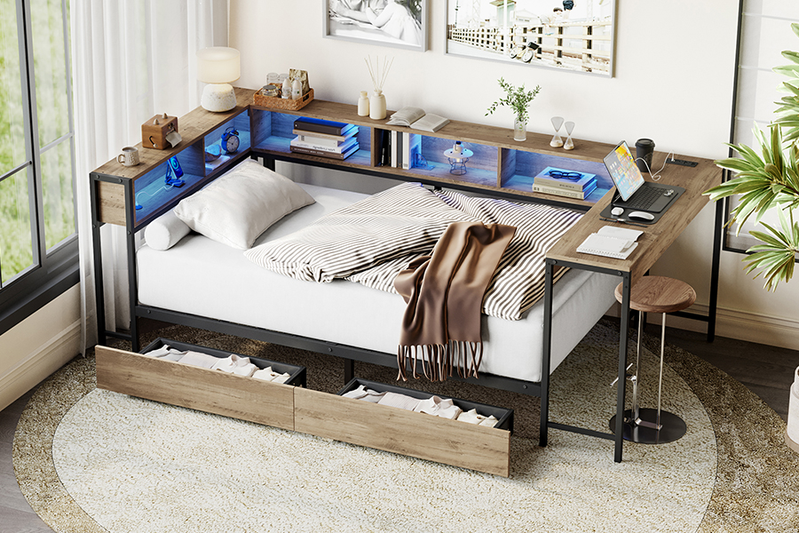 4599-1-3DU Study Metal Bed Frame na may L-Shaped Desk