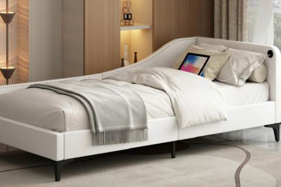 4546-3U USB Upholstered L-Shaped Leather Bed Frame