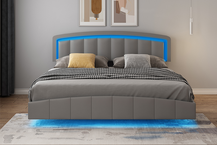 4468-1 LED Upholstered Floating Bed Frame