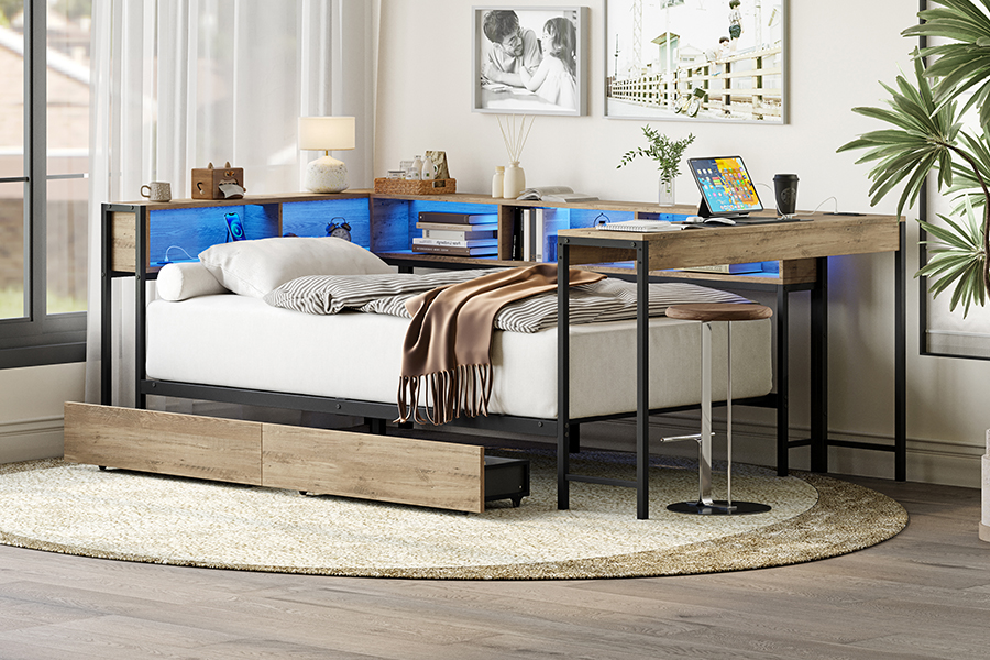 4599-1-3DU Study Metal Bed Frame na may L-Shaped Desk