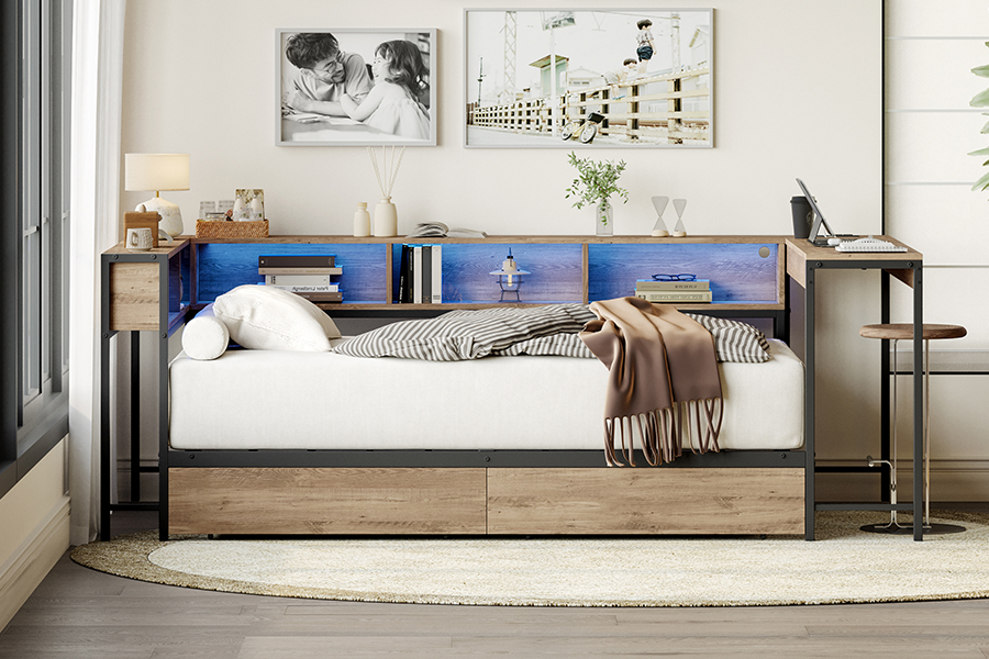 4599-1-3DU Study Metal Bed Frame na may L-Shaped Desk