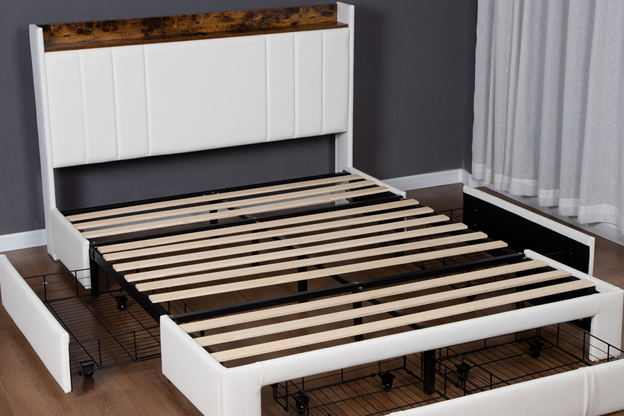 A002-1-3DU USB Upholstered Integrated Headboard Bed Frame