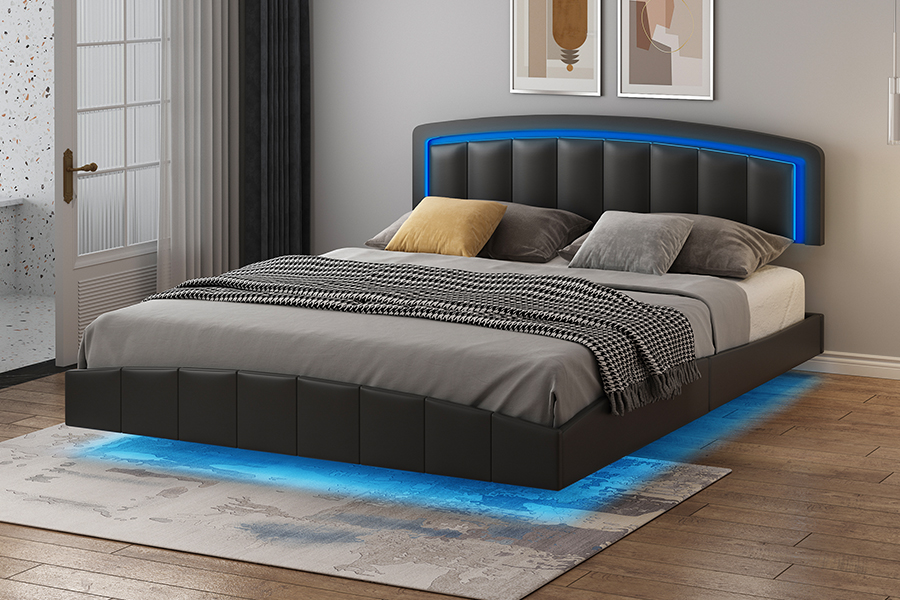 4468-1 LED Upholstered Floating Bed Frame