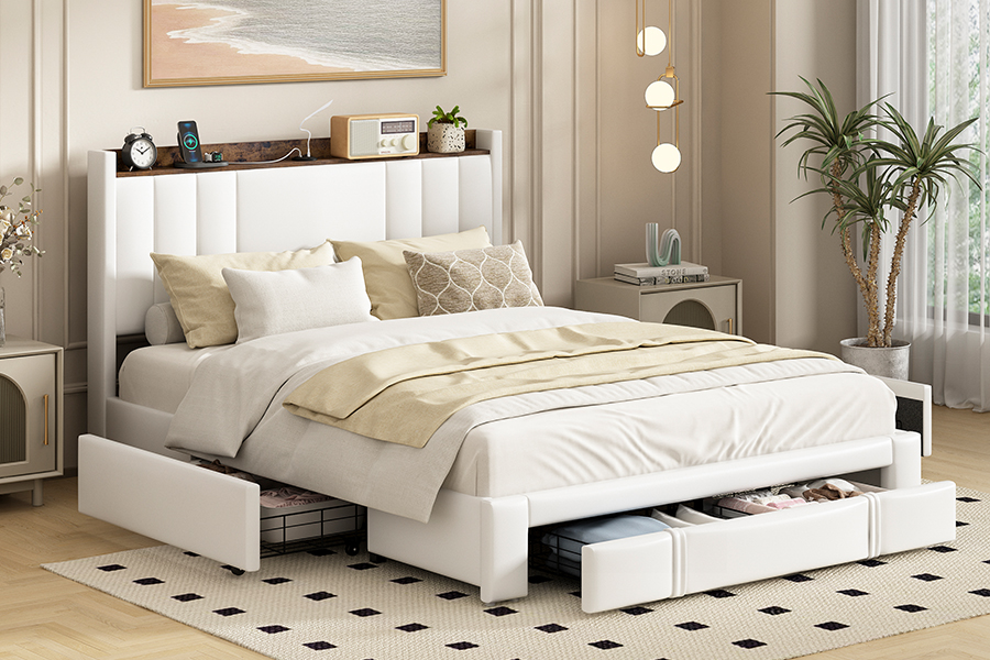 A002-1-3DU USB Upholstered Integrated Headboard Bed Frame