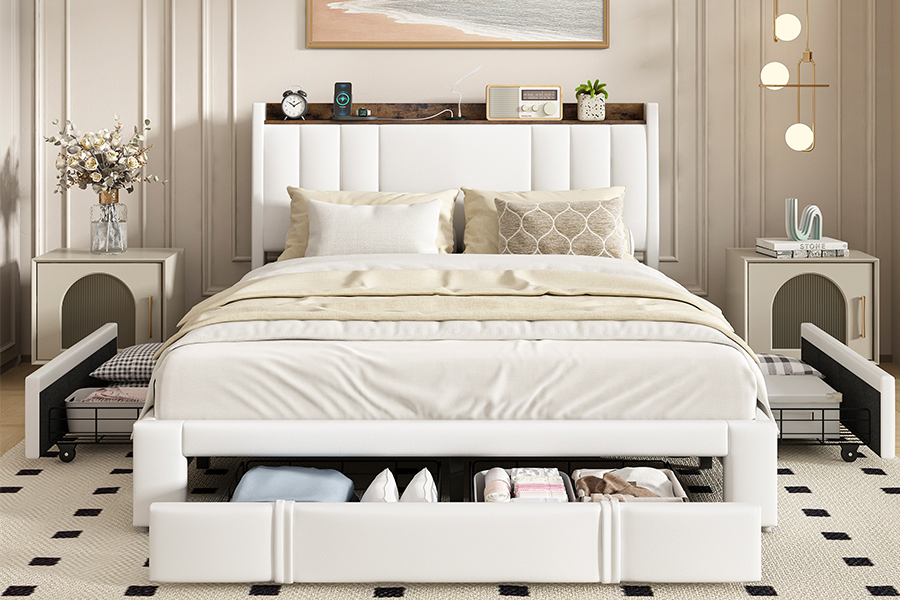 A002-1-3DU USB Upholstered Integrated Headboard Bed Frame