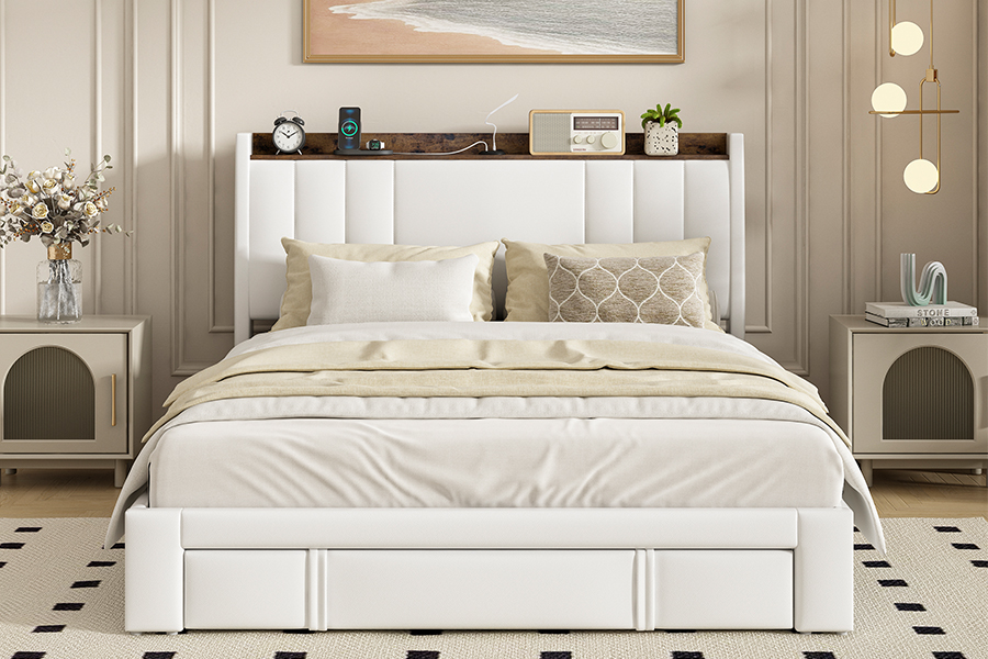 A002-1-3DU USB Upholstered Integrated Headboard Bed Frame