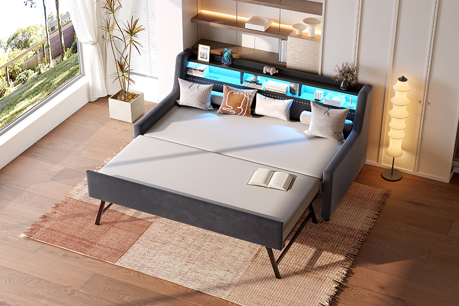4857-1U Trundle Soft Velvet Fabric Covered Sofa Bed