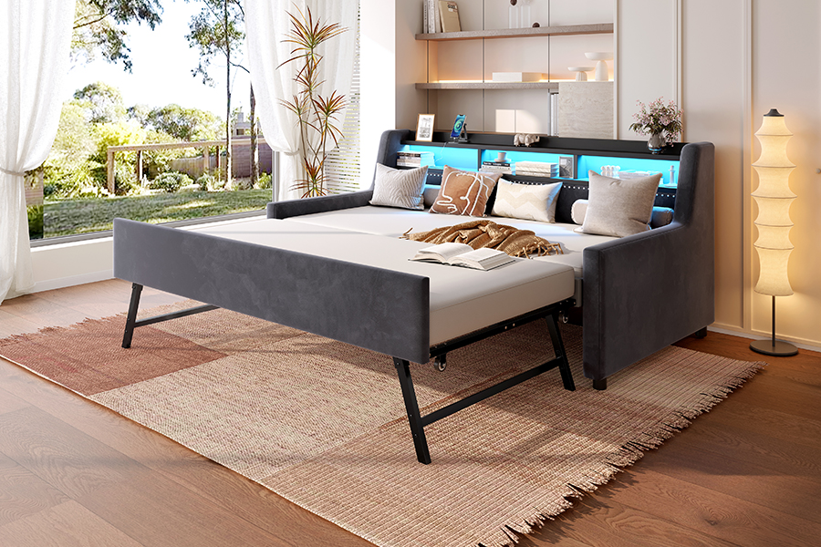4857-1U Trundle Soft Velvet Fabric Covered Sofa Bed