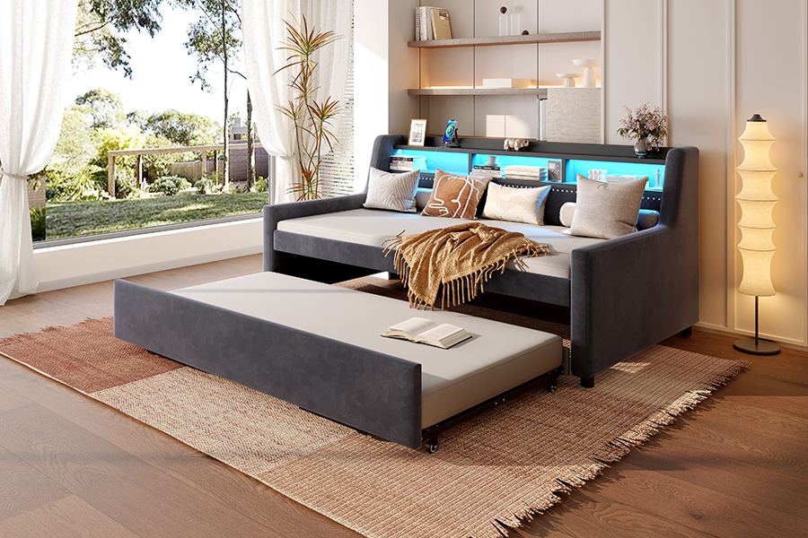4857-1U Trundle Soft Velvet Fabric Covered Sofa Bed