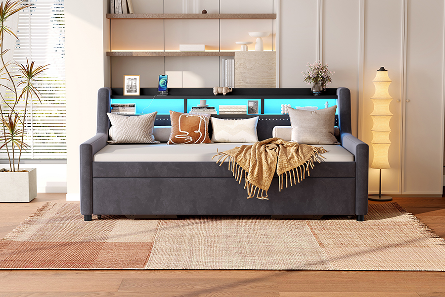 4857-1U Trundle Soft Velvet Fabric Covered Sofa Bed