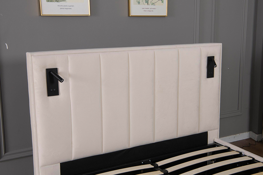 5033-1G Hydraulic Storage Modern Soft Beige Velvet LED Upholstered Bed Frame