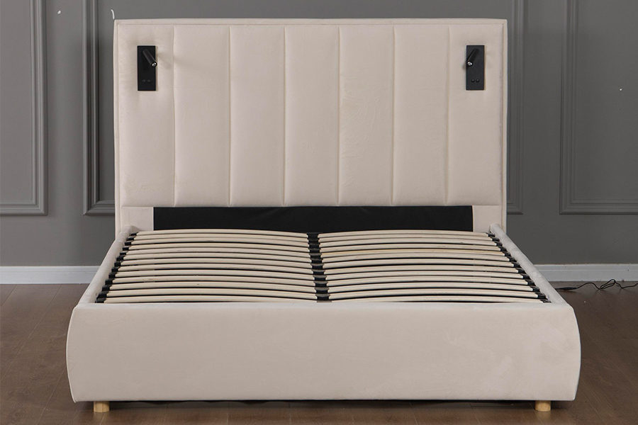 5033-1G Hydraulic Storage Modern Soft Beige Velvet LED Upholstered Bed Frame