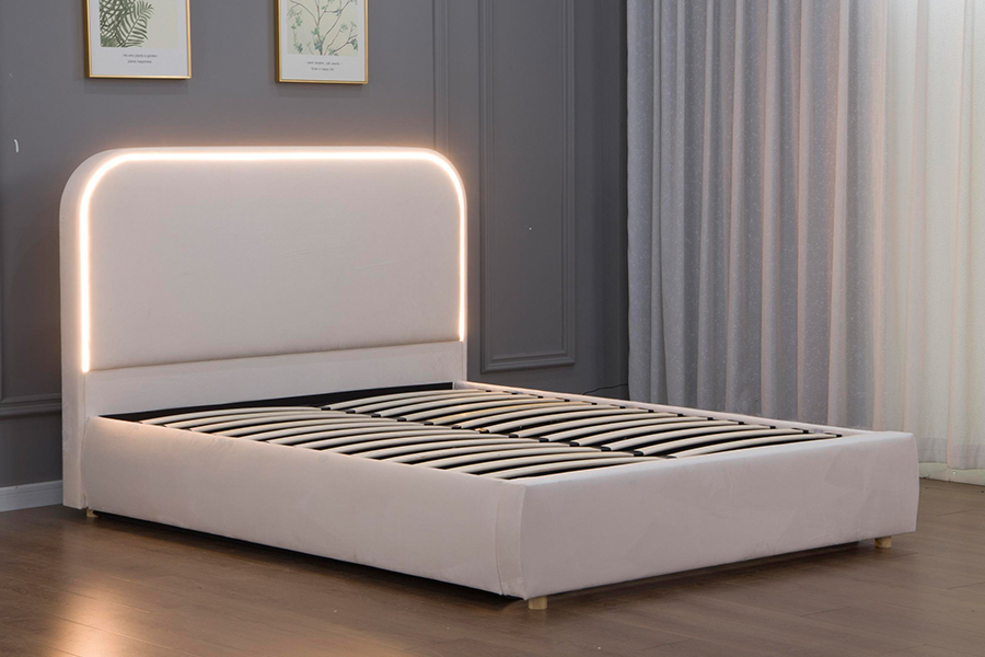 5032-1G Wooden Curved Headboard LED Upholstered Bed Frame