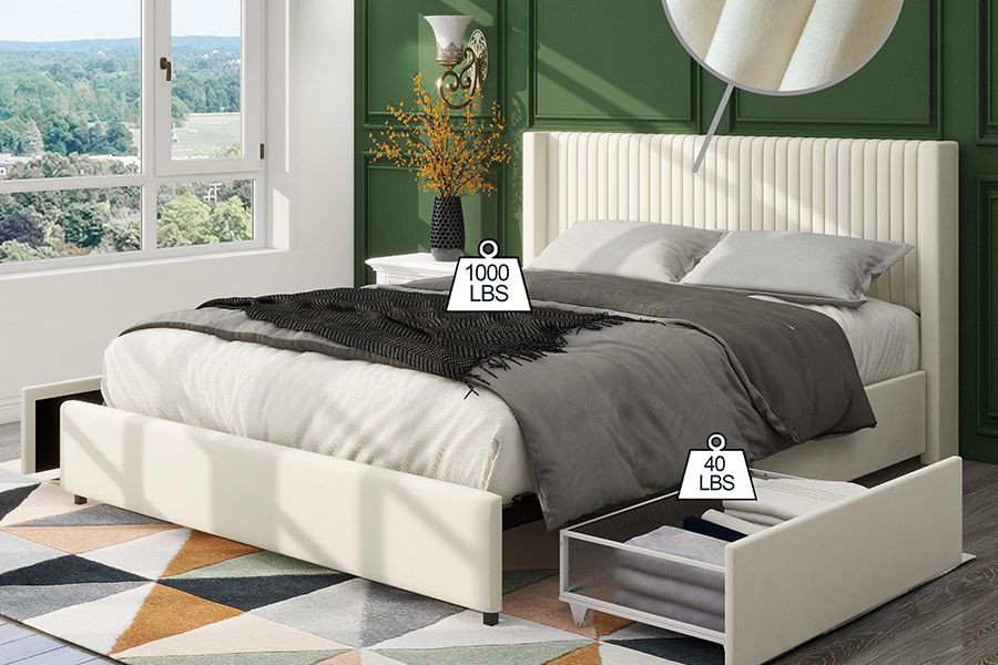 N18 Modern Beige Upholstered Soft Bed Adjustable Upholstered Storage Bed Frame