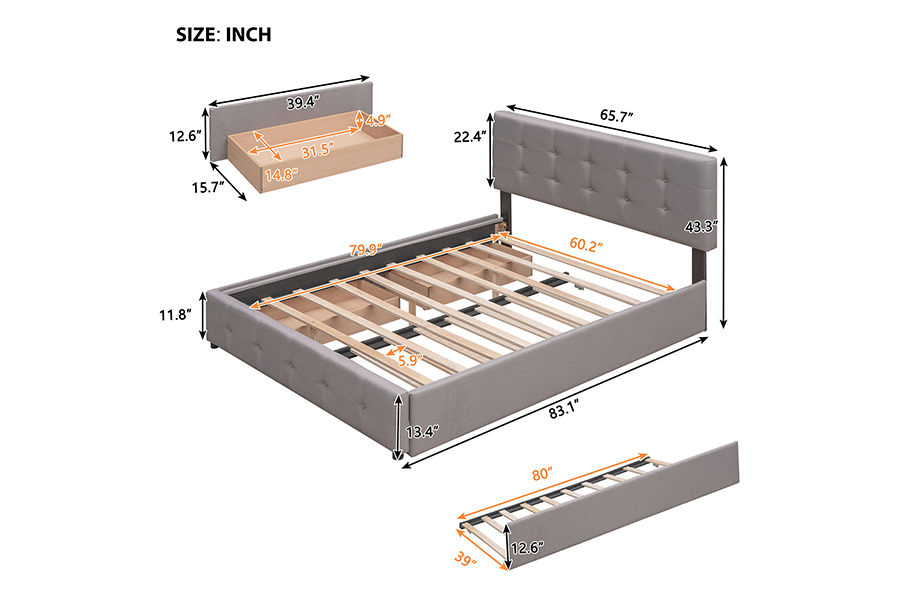 N15 Adjustable Double Durability Trundle Bunk Upholstered Bed Frame