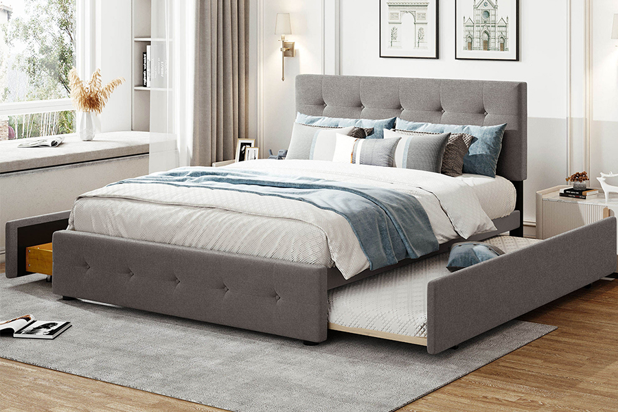 N15 Adjustable Double Durability Trundle Bunk Upholstered Bed Frame