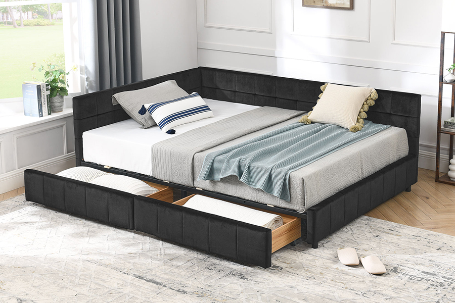 N14 L-Shaped Velvet Upholstered Highly adjustable Upholstered Storage Bed Frame
