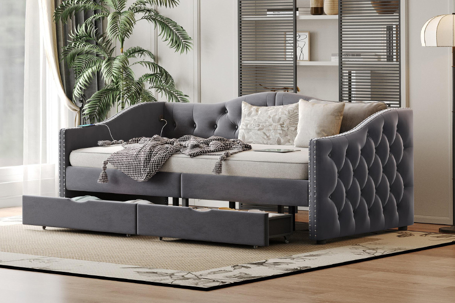 N13 European modern grey velvet cushion Storage Sofa bed