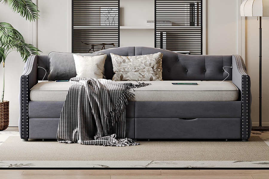 N13 European modern grey velvet cushion Storage Sofa bed