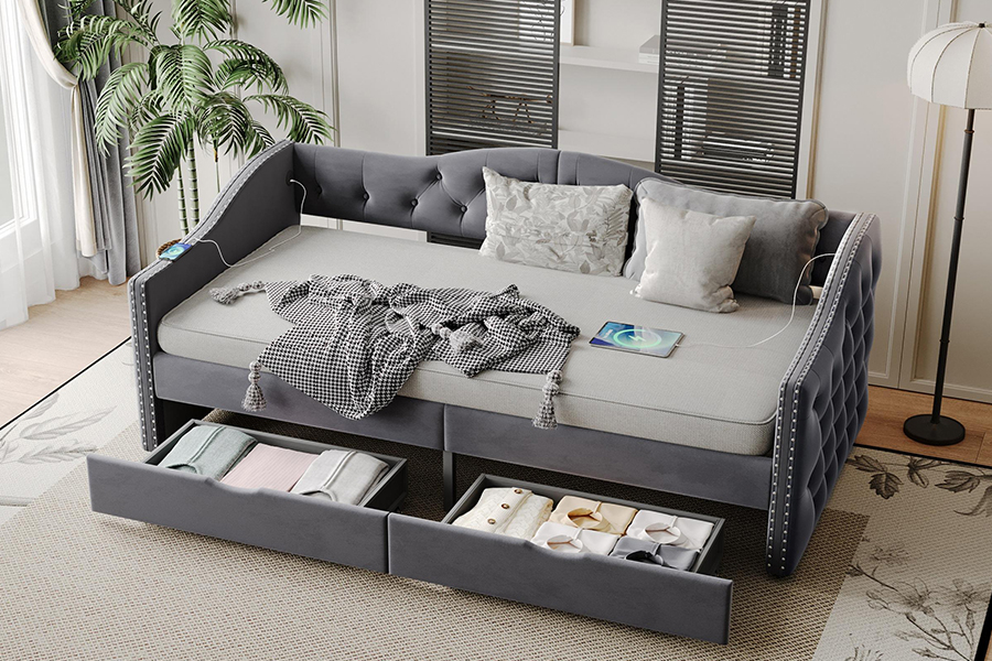 N13 European modern grey velvet cushion Storage Sofa bed
