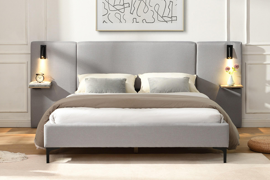 N1 Madilim na Grey Matibay na Tela Matibay Slat LED Upholstered Bed Frame