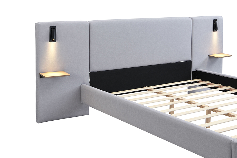 N1 Madilim na Grey Matibay na Tela Matibay Slat LED Upholstered Bed Frame