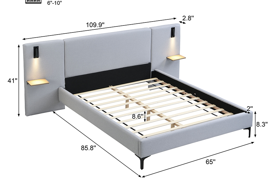 N1 Madilim na Grey Matibay na Tela Matibay Slat LED Upholstered Bed Frame