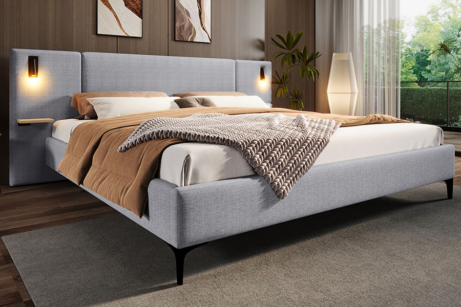N1 Madilim na Grey Matibay na Tela Matibay Slat LED Upholstered Bed Frame