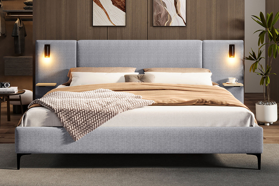 N1 Madilim na Grey Matibay na Tela Matibay Slat LED Upholstered Bed Frame
