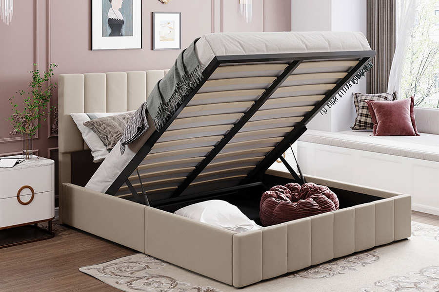 N19 Vertical striped tufted headboard Upholstered Storage Bed Frames