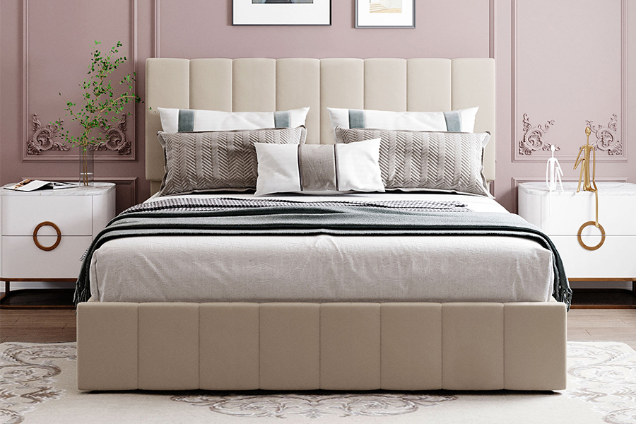 N19 Vertical striped tufted headboard Upholstered Storage Bed Frames