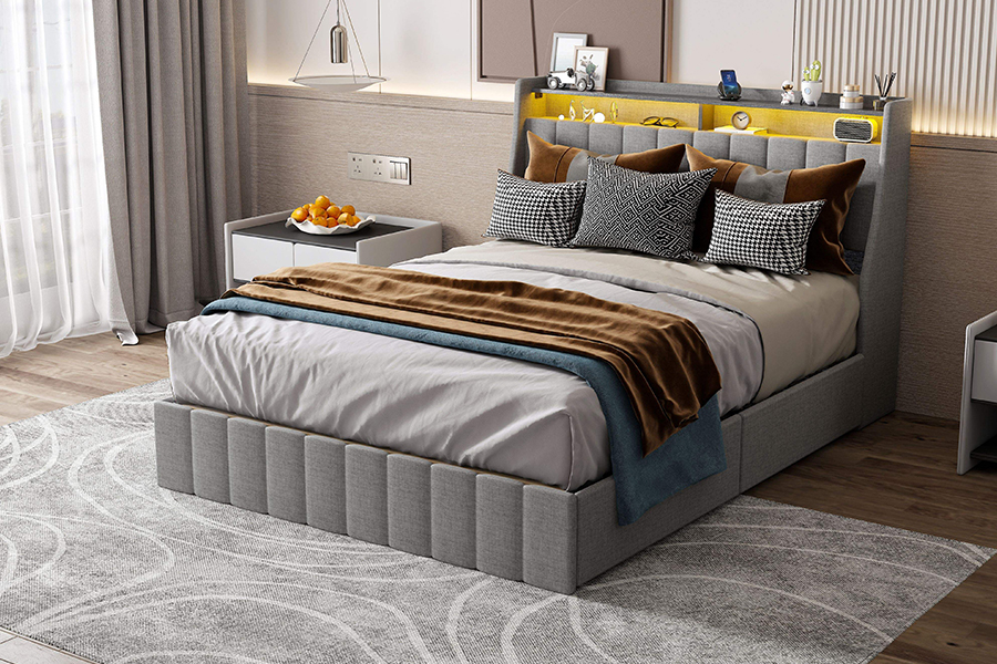 N2 Gray Fabric Bed Eco-Friendly Materials LED Upholstered Bed Frame