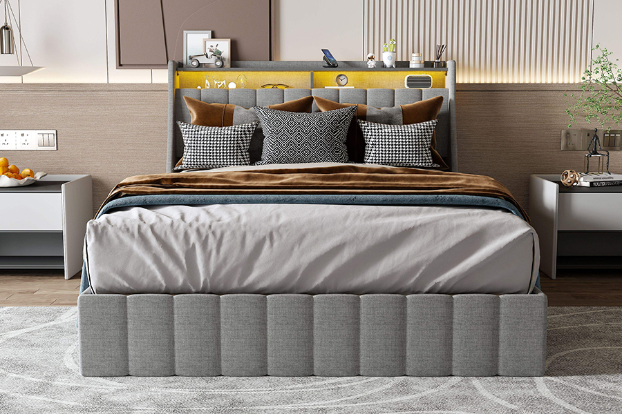 N2 Gray Fabric Bed Eco-Friendly Materials LED Upholstered Bed Frame