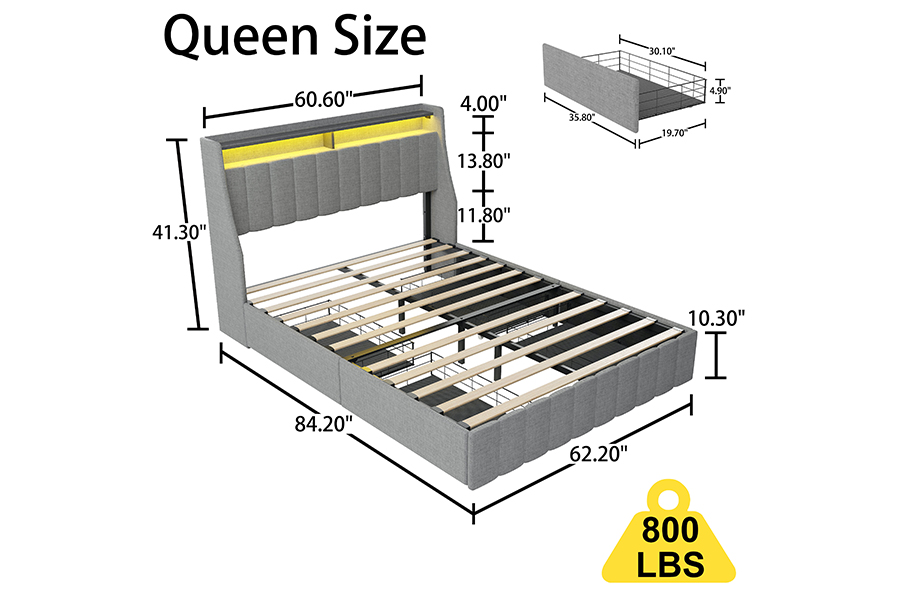N2 Gray Fabric Bed Eco-Friendly Materials LED Upholstered Bed Frame