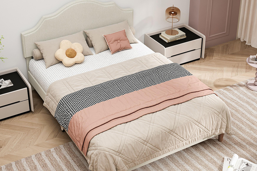 N21 High Quality Beige Fabric Queen Size Upholstered Bed
