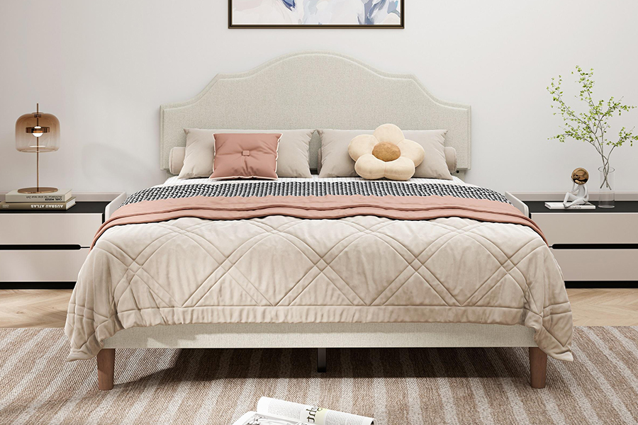 N21 High Quality Beige Fabric Queen Size Upholstered Bed