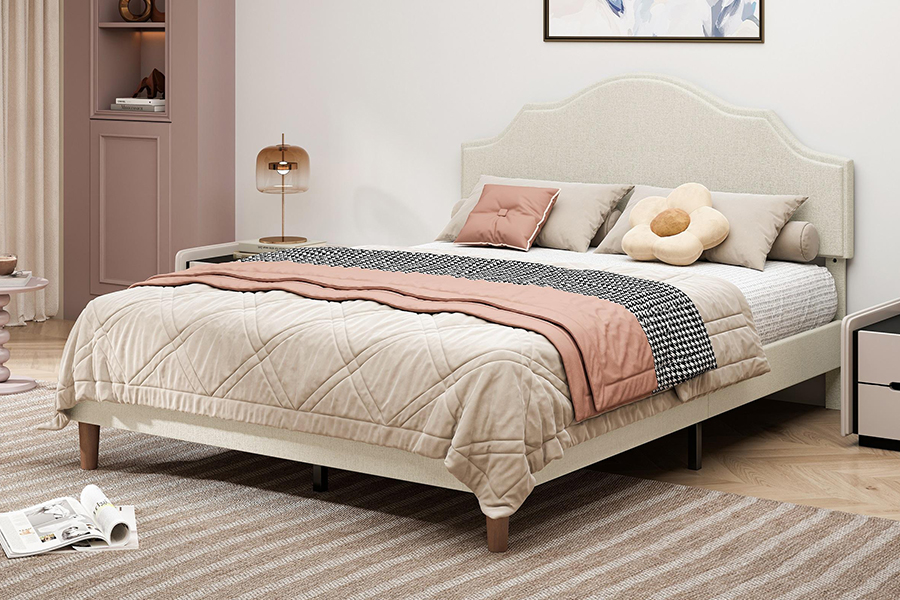 N21 High Quality Beige Fabric Queen Size Upholstered Bed