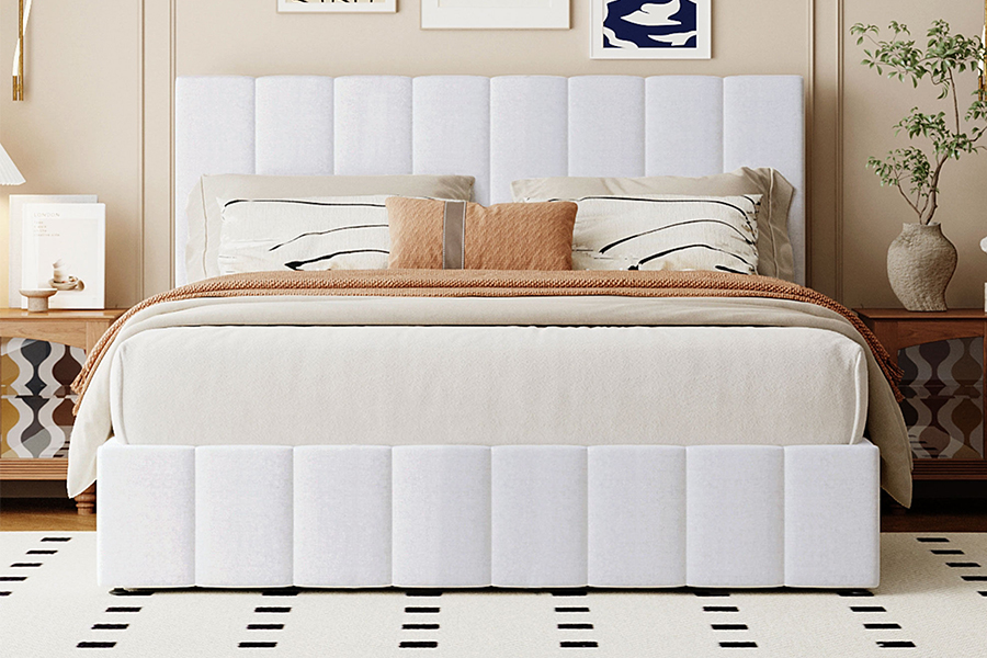 N5 White Fabric Eco-Friendly Durable Wood Frame Upholstered Storage Bed Frames