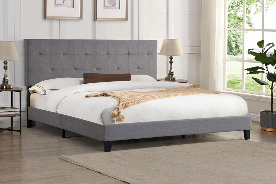 N7 Gray Fabric Button Tufted Headboard Upholstered Bed