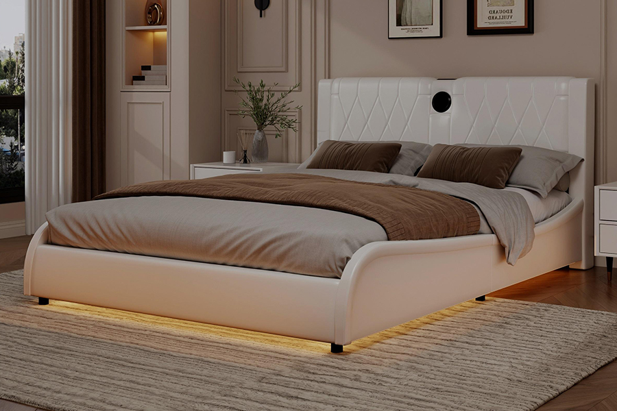 N8 Adjustable Platform Bed Modernong White Soft Bed LED Upholstered Bed Frame