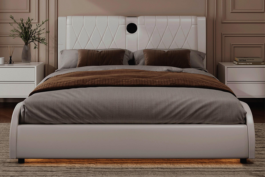 N8 Adjustable Platform Bed Modernong White Soft Bed LED Upholstered Bed Frame