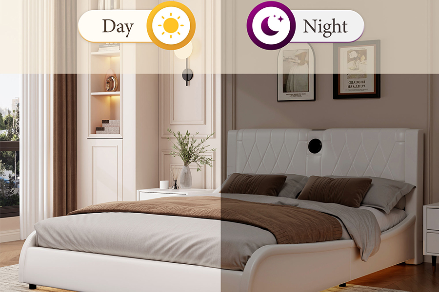 N8 Adjustable Platform Bed Modernong White Soft Bed LED Upholstered Bed Frame