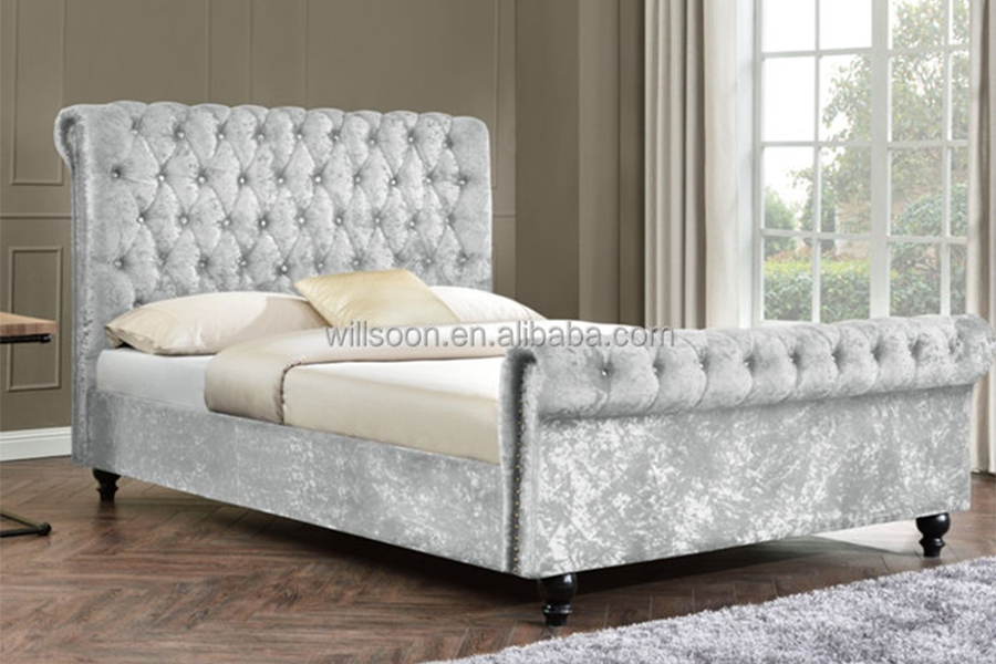 1153 Velvet Fabric S-Shape Design Upholstered Bed