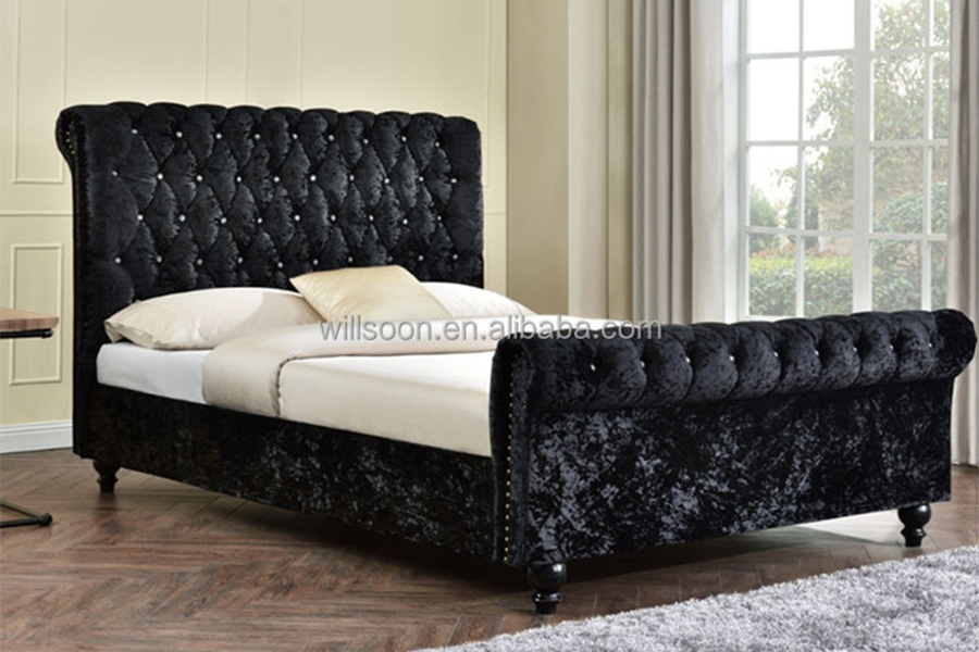 1153 Velvet Fabric S-Shape Design Upholstered Bed
