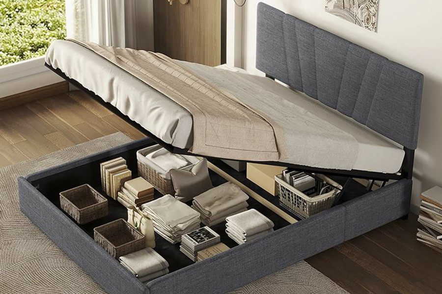 1307 Brown Tufted Linen Upholstery Upholstered Storage Bed Frame