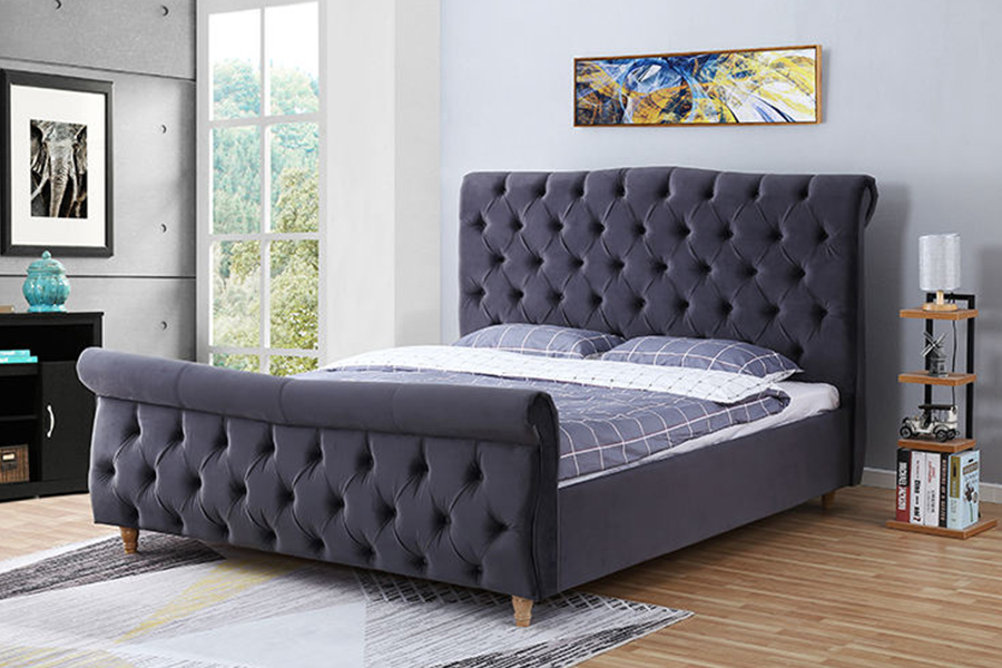 1304 Velvet Fabric Upholstered Wooden Frame Upholstered Bed