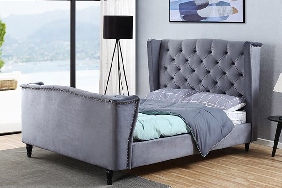 1399 Velvet Fabric Wingback Button Upholstered Bed
