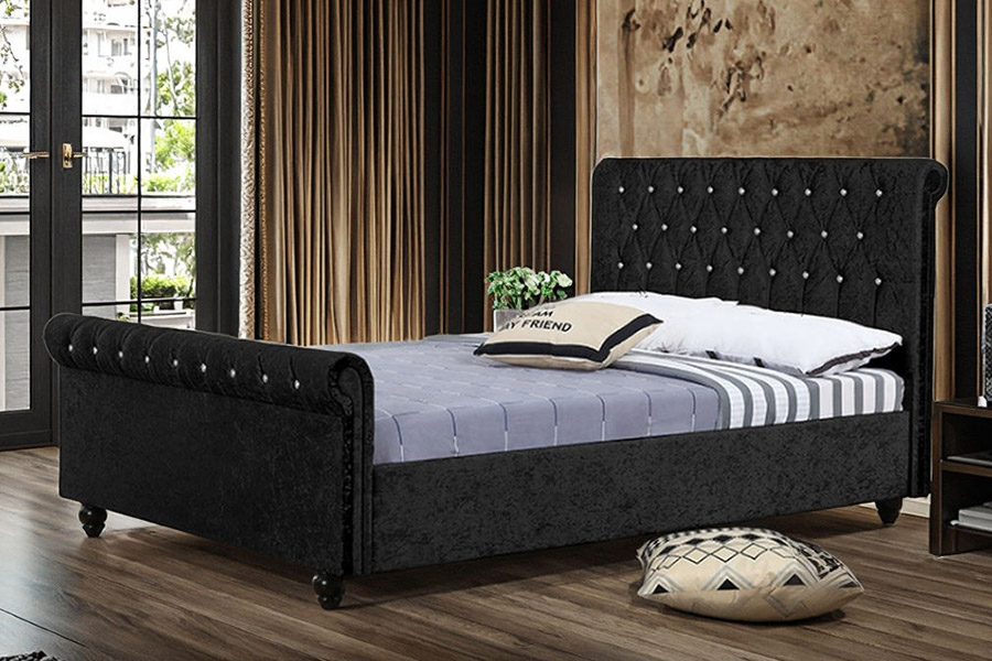 1366 Modern Sleigh Bed Velvet Fabric Upholstered Bed