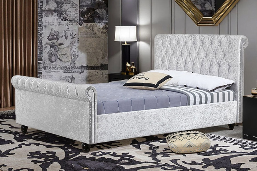 1366 Modern Sleigh Bed Velvet Fabric Upholstered Bed
